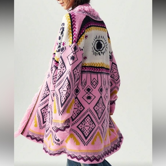 Bohemian fringe knit oversized cardigan sweater pink eye eyeball printed tribal - Picture 2 of 9